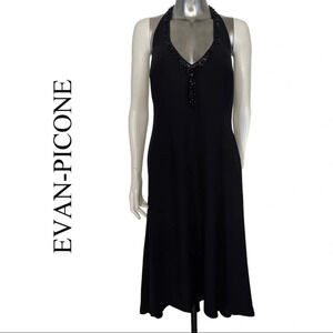 Evan Picone Black Halter Dress Bead Detail High Low Dress Back Size 14